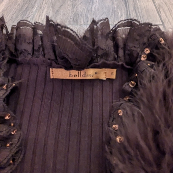 Vintage Belldini Brown Y2K 90s Lace Sequin Feather cuffs Ruffle Sweater - Picture 2 of 6